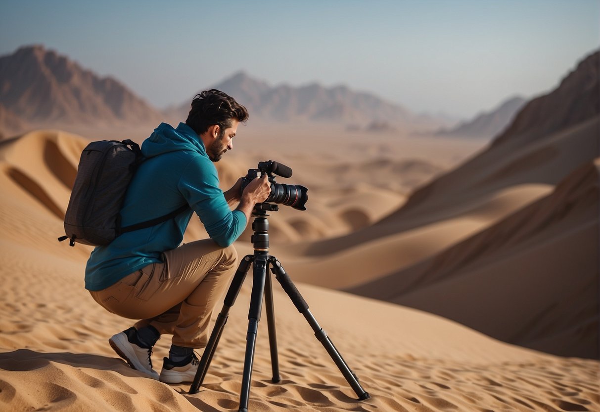 A person with a camera on a tripod in the desert Description automatically generated