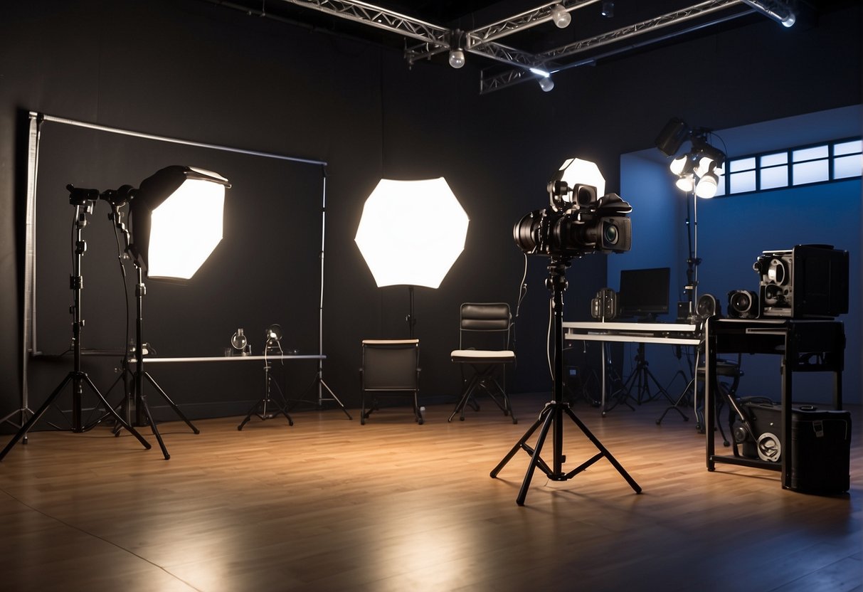 A photography studio with professional lighting, backdrops, and cameras set up for a shoot. Tables with props and equipment neatly organized