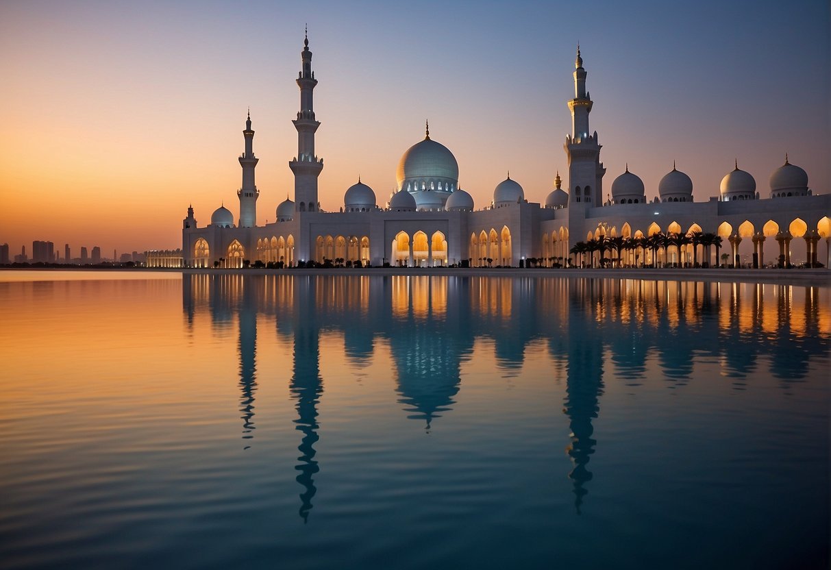 Sunset over Sheikh Zayed Grand Mosque, reflecting in the serene waters of the Sheikh Zayed Bridge, with the iconic Etihad Towers in the background